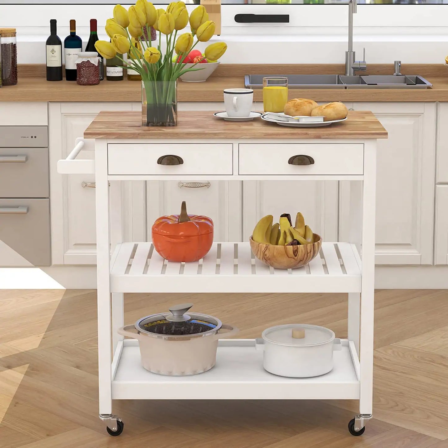 Wholesale Premium Wood Top Kitchen Trolley with Drawers and Two-Tier, Open Shelf