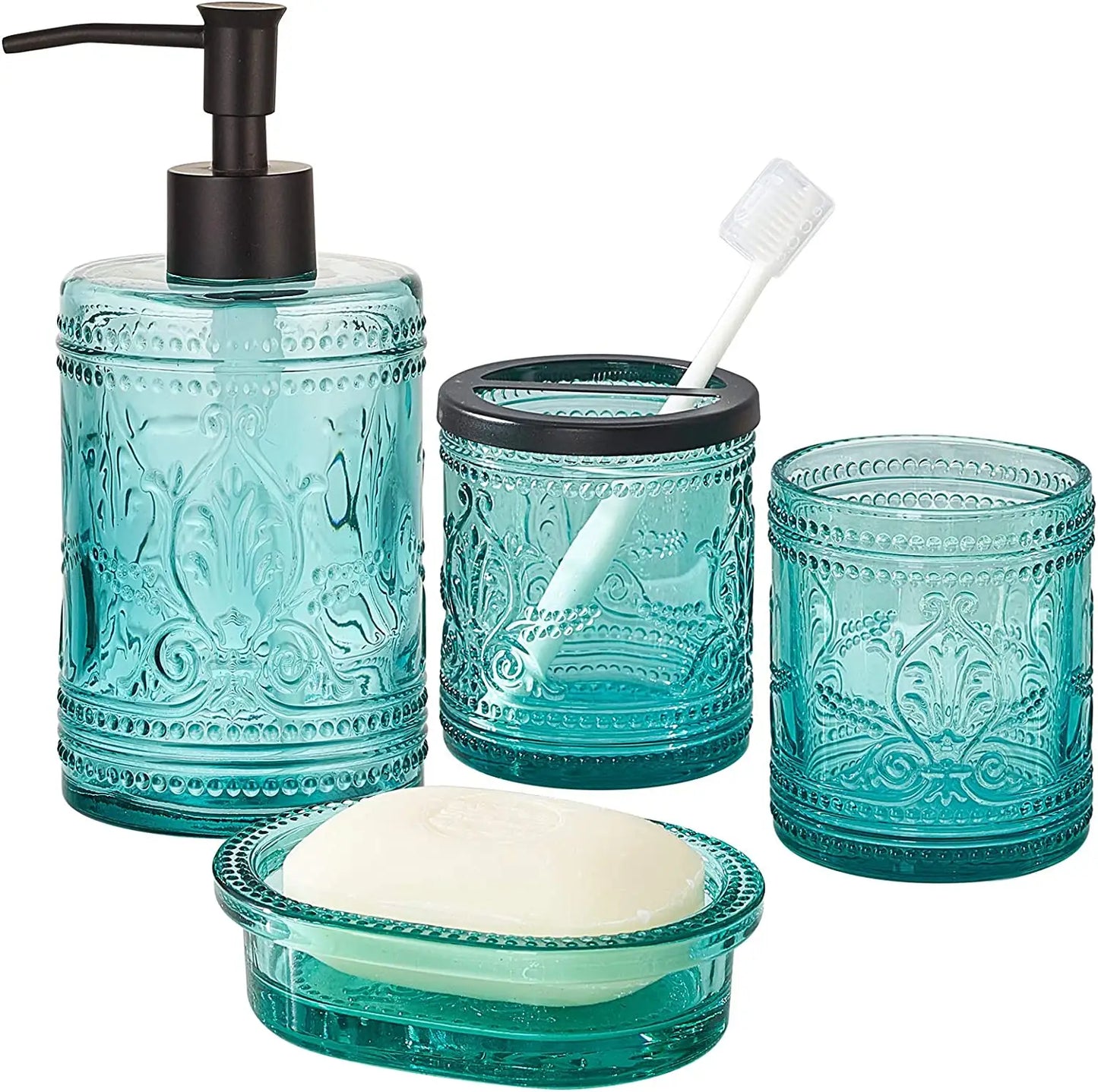 Blue Glass Bathroom Accessories Set with Decorative Pressed Pattern