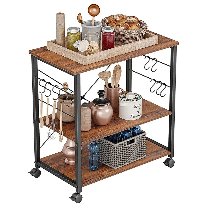 Wholesale 3 Tier Wooden Kitchen Trolley with Storage and 10 Hooks