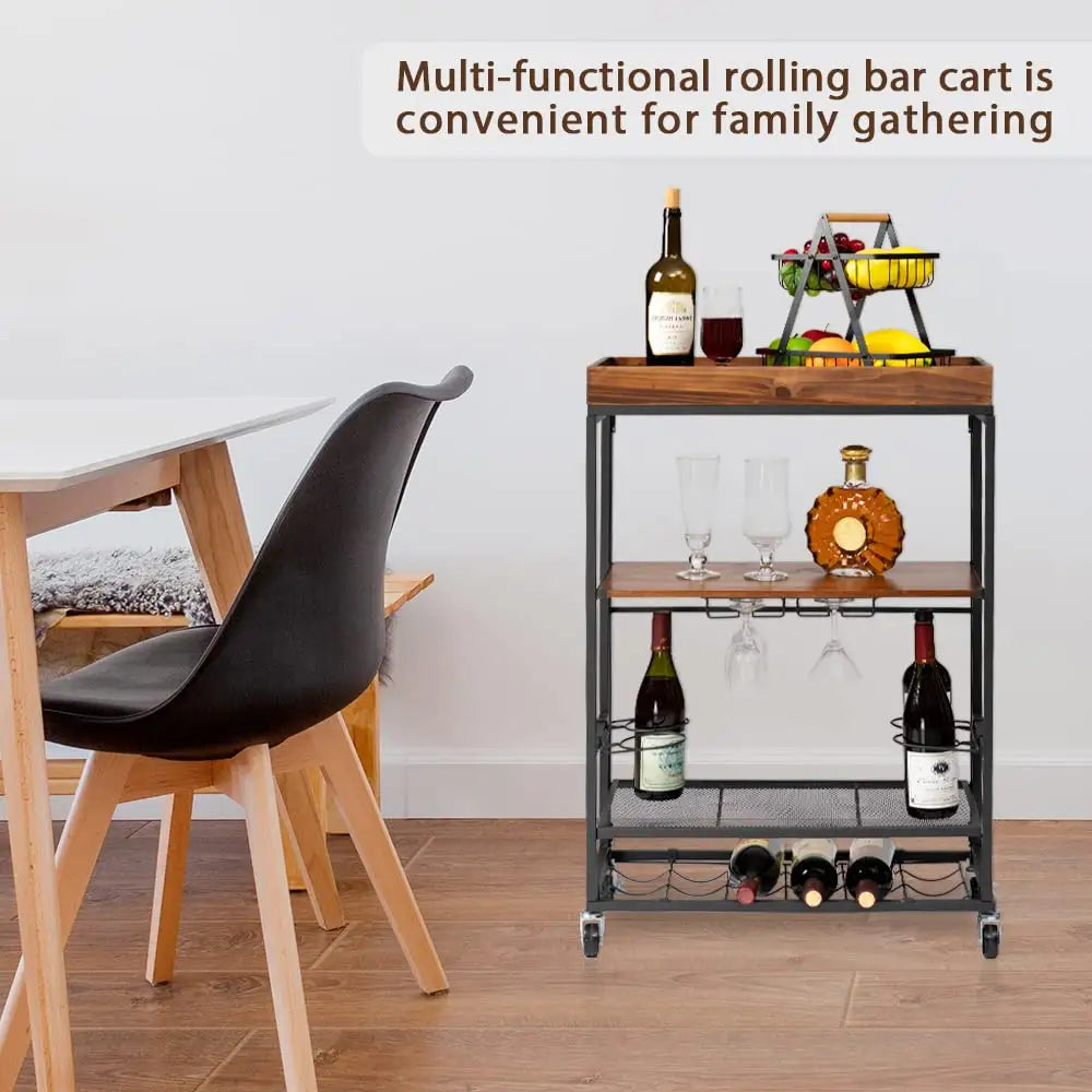 Wholesale Premium Folding Wooden Serving Rolling Cart with Glass Holders and Bottle Shelf