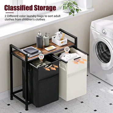 Laundry Hamper With 2 Pull-out And Removable Bags Rust Wood and Metal Frame