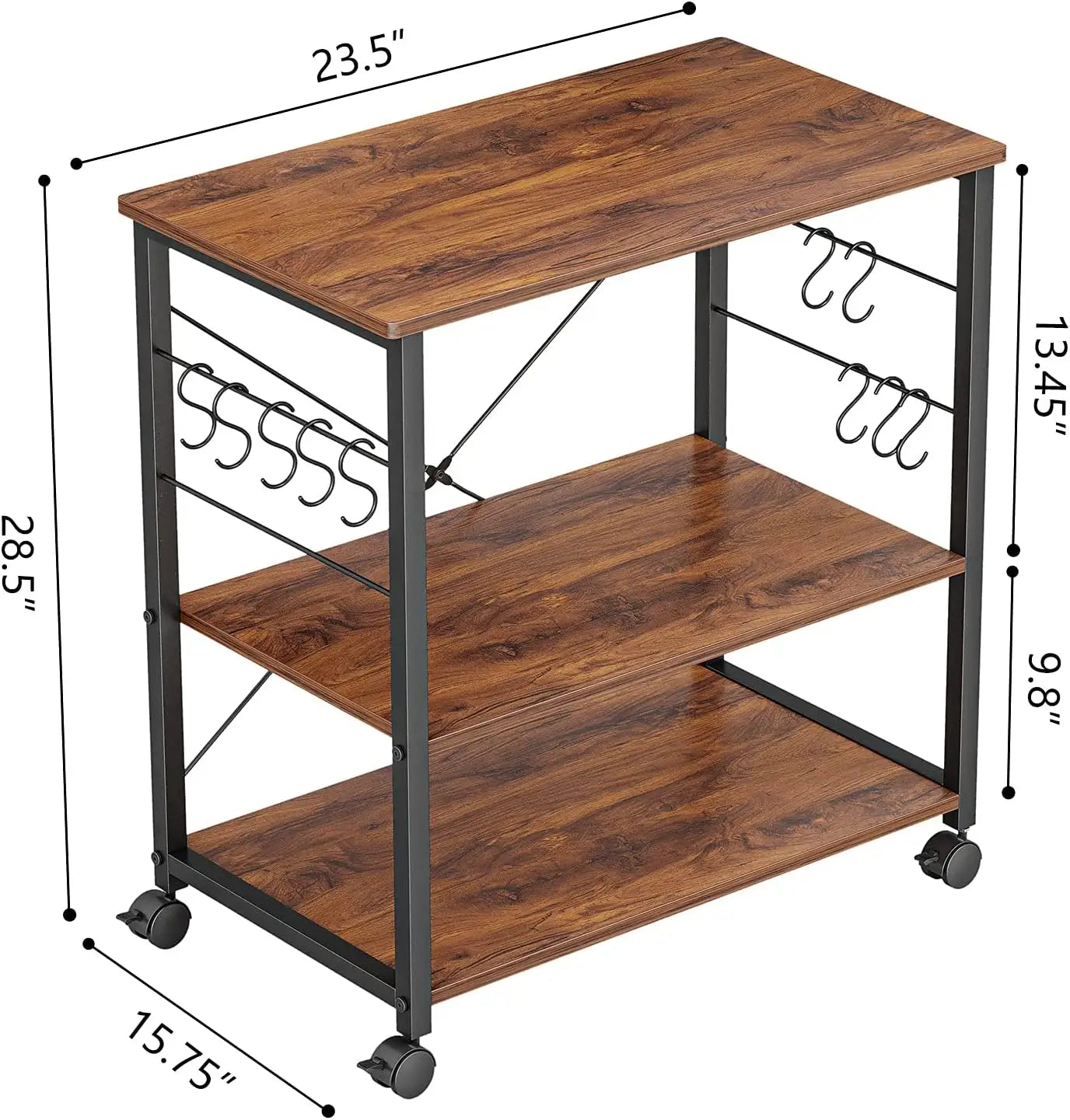 Wholesale 3 Tier Wooden Kitchen Trolley with Storage and 10 Hooks