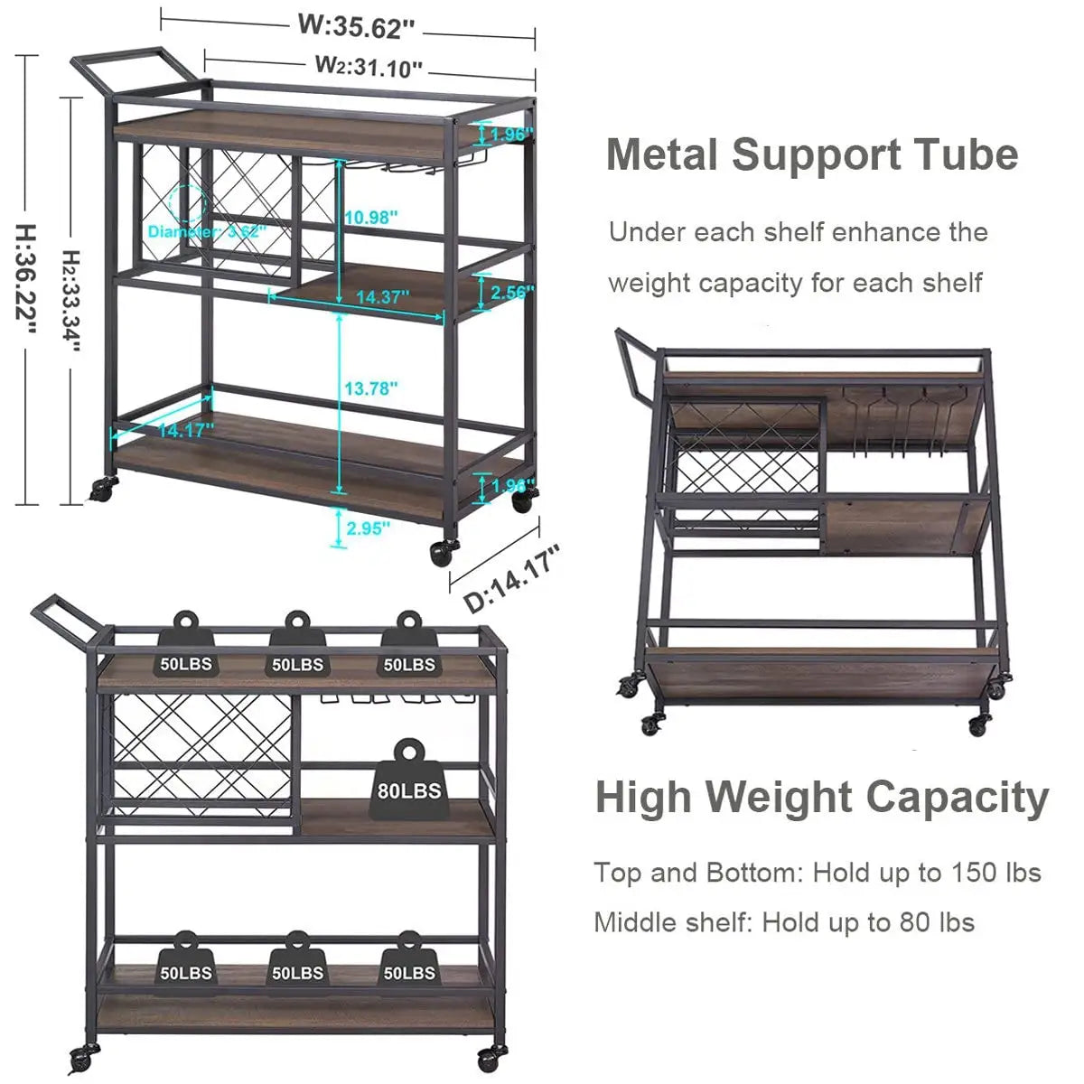 Wholesale Premium Wood and Metal Drink Bar Cart with Wine Rack & Glass Holder