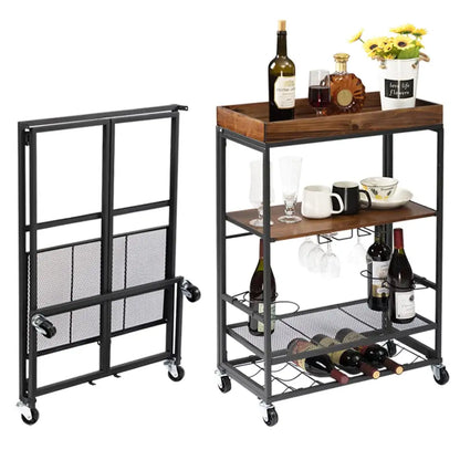 Wholesale Premium Folding Wooden Serving Rolling Cart with Glass Holders and Bottle Shelf