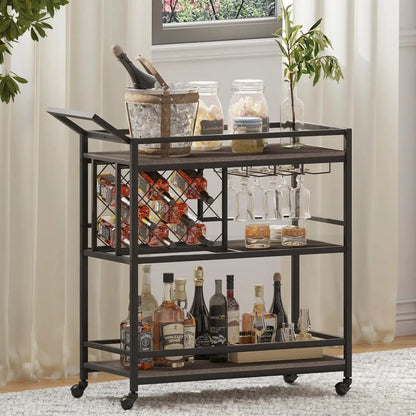 Wholesale Premium Wood and Metal Drink Bar Cart with Wine Rack & Glass Holder