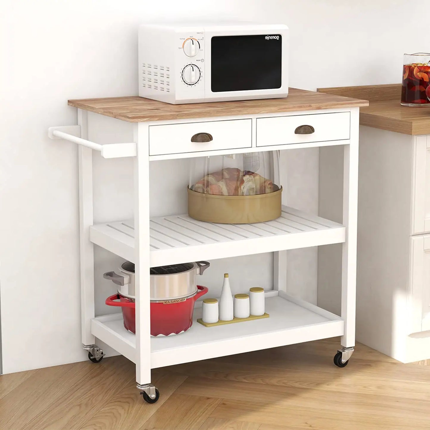 Wholesale Premium Wood Top Kitchen Trolley with Drawers and Two-Tier, Open Shelf