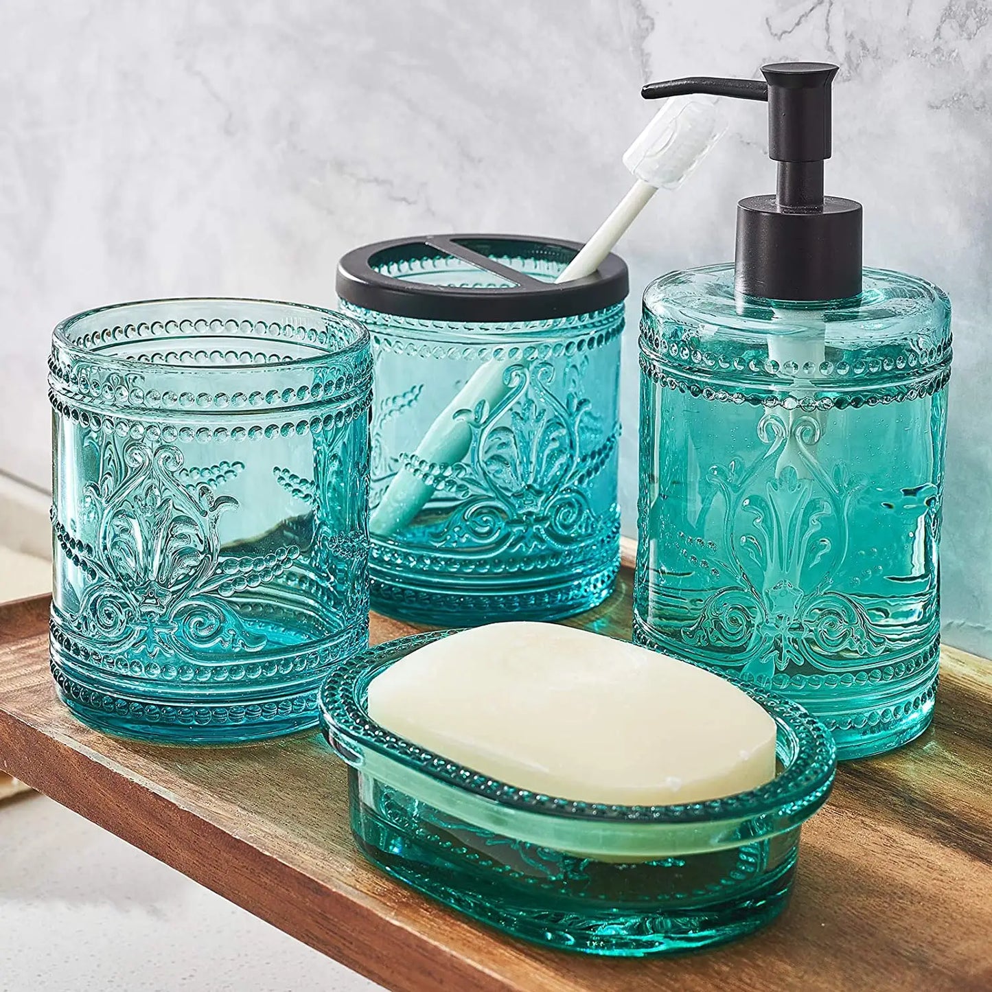 Blue Glass Bathroom Accessories Set with Decorative Pressed Pattern