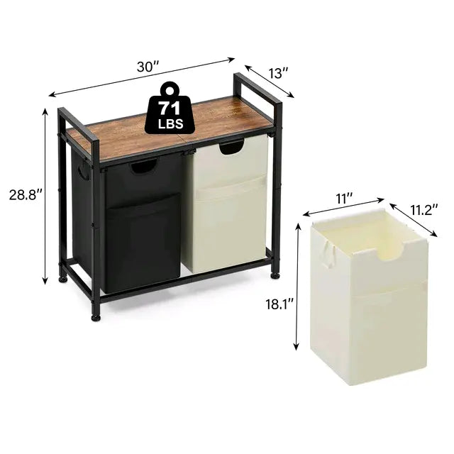 Laundry Hamper With 2 Pull-out And Removable Bags Rust Wood and Metal Frame