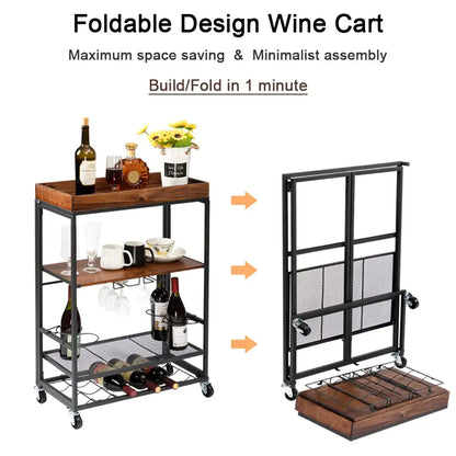 Wholesale Premium Folding Wooden Serving Rolling Cart with Glass Holders and Bottle Shelf