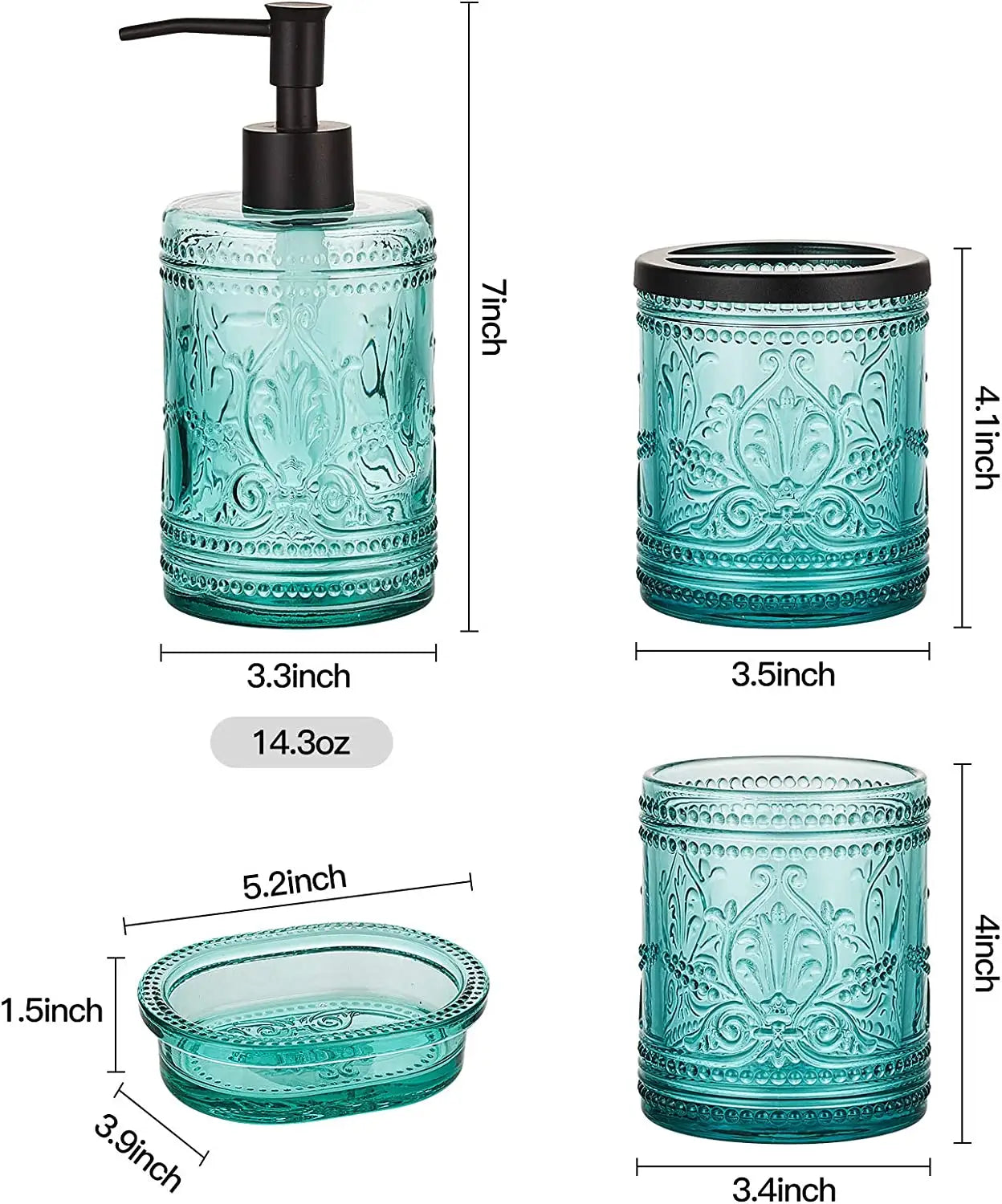 Blue Glass Bathroom Accessories Set with Decorative Pressed Pattern