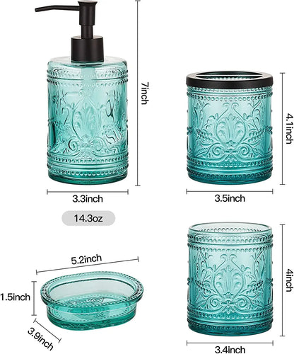 Blue Glass Bathroom Accessories Set with Decorative Pressed Pattern