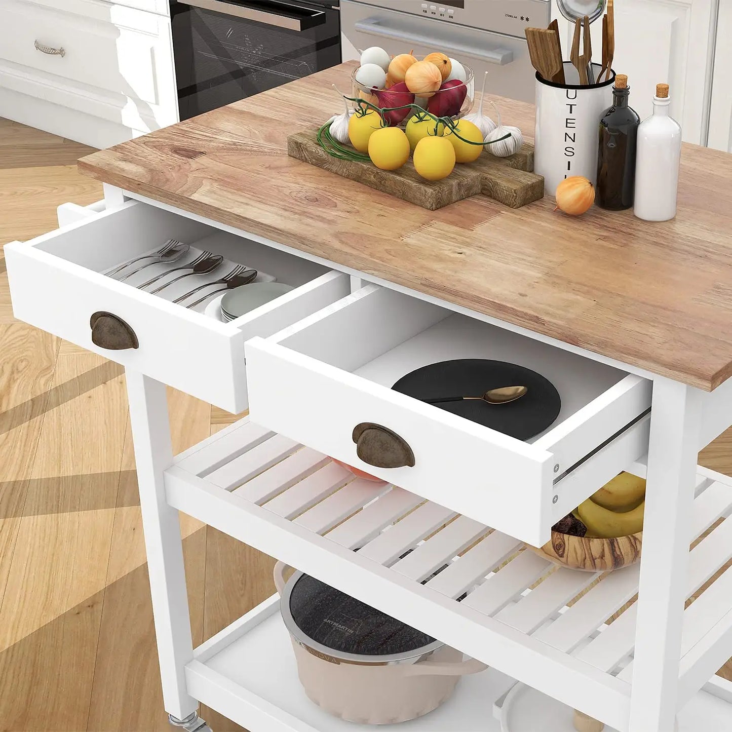 Wholesale Premium Wood Top Kitchen Trolley with Drawers and Two-Tier, Open Shelf