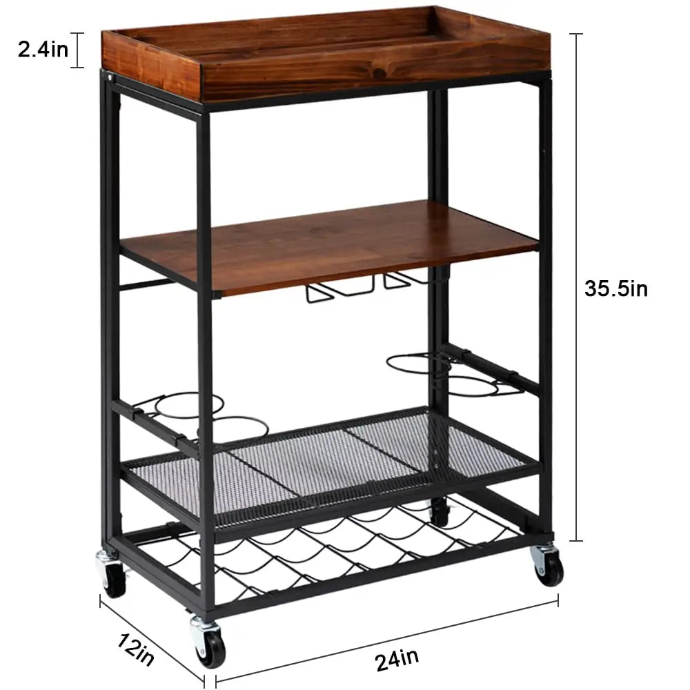 Wholesale Premium Folding Wooden Serving Rolling Cart with Glass Holders and Bottle Shelf